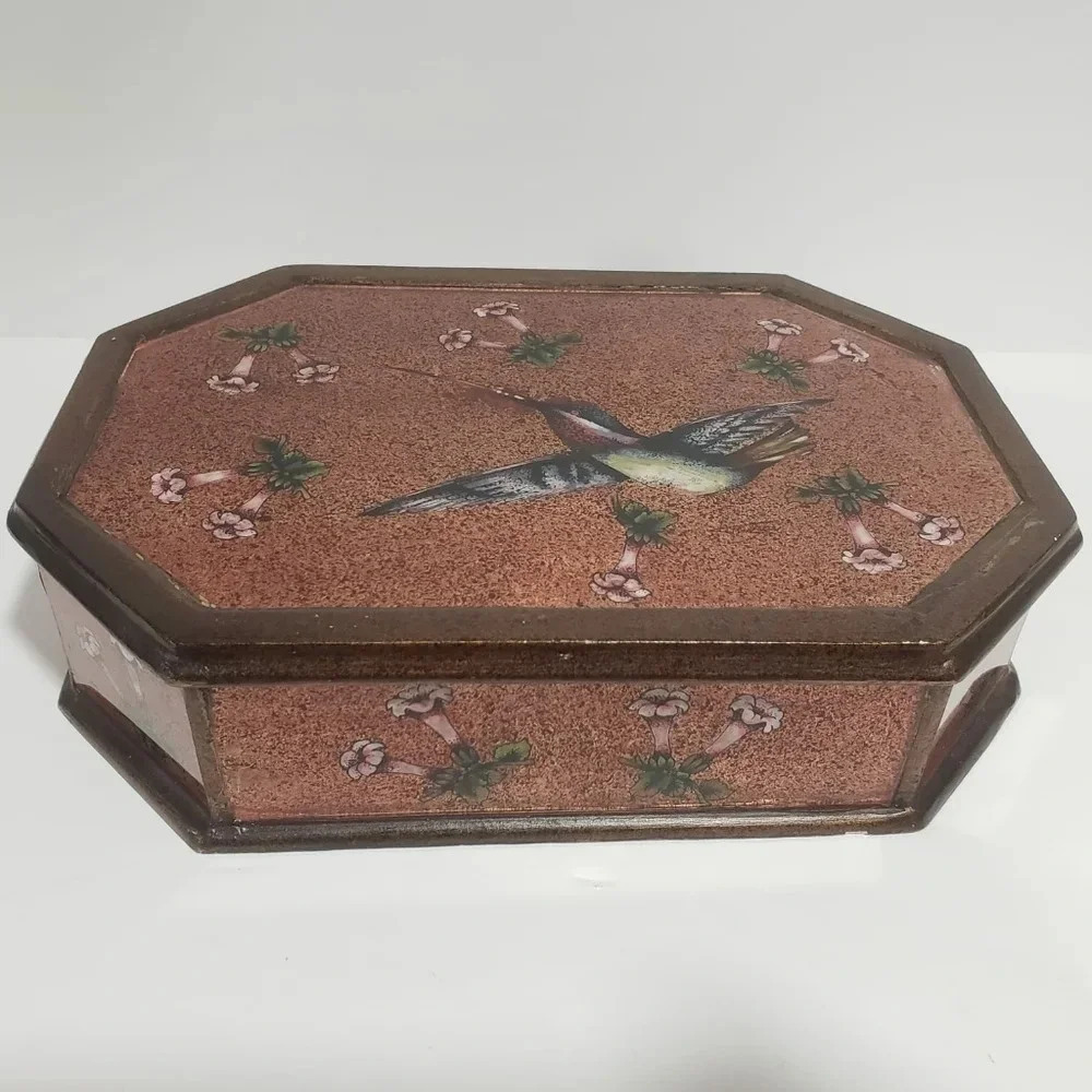 Amilkar Peruvian Reverse Painted Glass and Wood Hummingbird Jewelry Box
